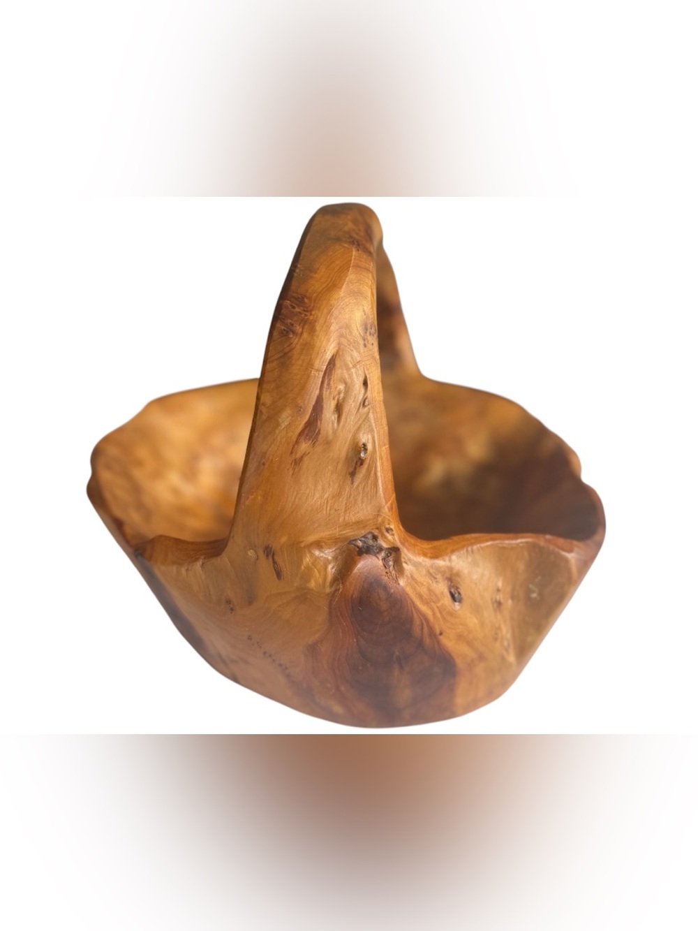 Hand Carved Wood Burl Bowl w Handle Rustic Farmhouse Decor One of a Kind